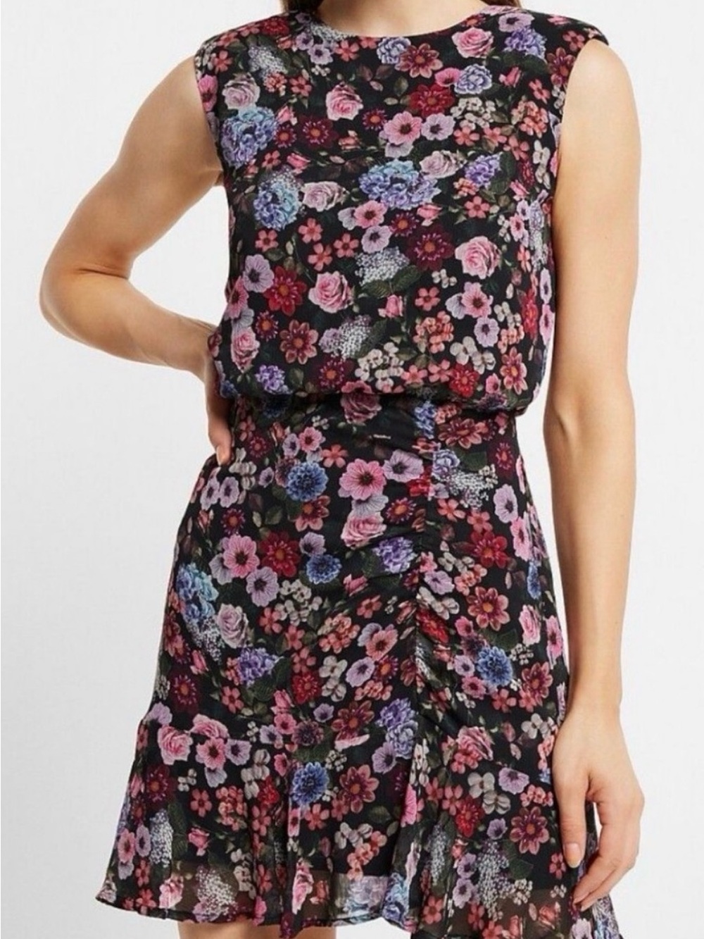 Express Black Floral Sleeveless Ruched Mini Dress